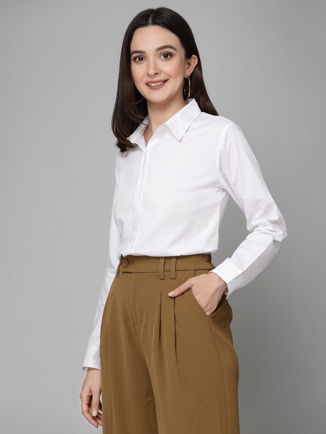 Style Quotient Women White Cotton Blend Formal Long Sleeve Shirt-Shirts-StyleQuotient