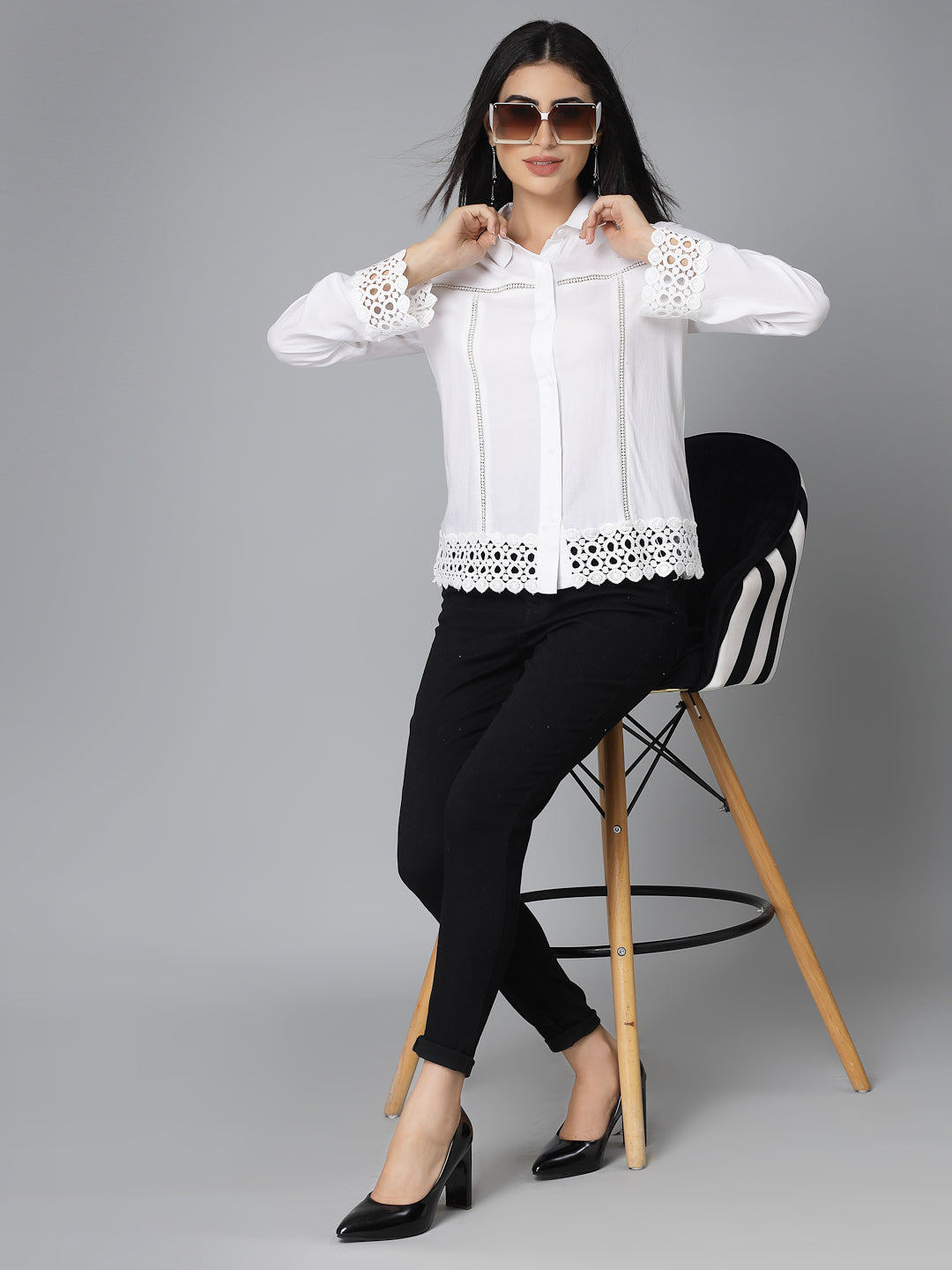 Style Quotient Womens White Rayon Smart Casual Shirt with Lace Details-Shirts-StyleQuotient