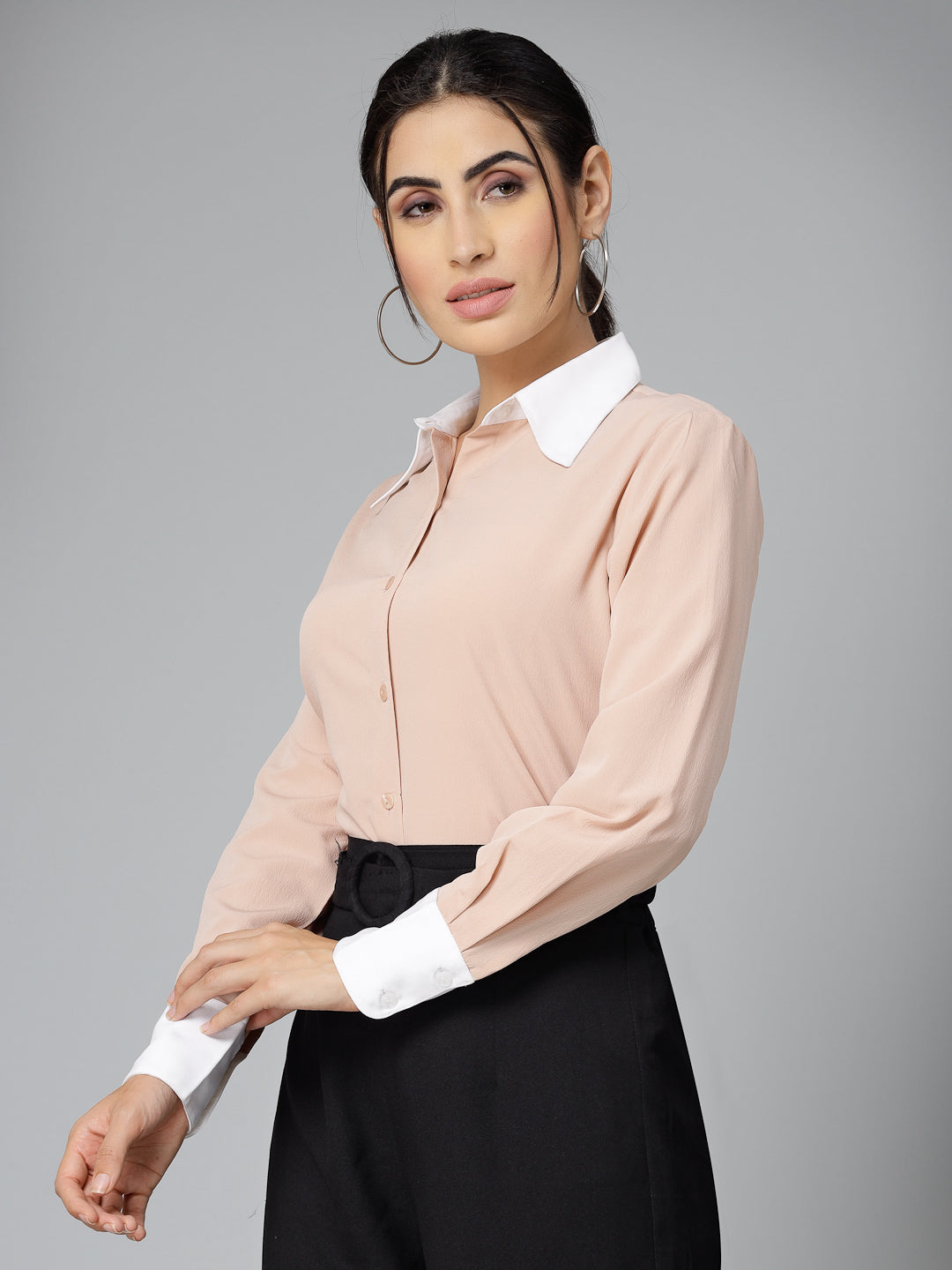 Style Quotients Women Nude Pink and White Polyester Formal Shirt-Shirts-StyleQuotient