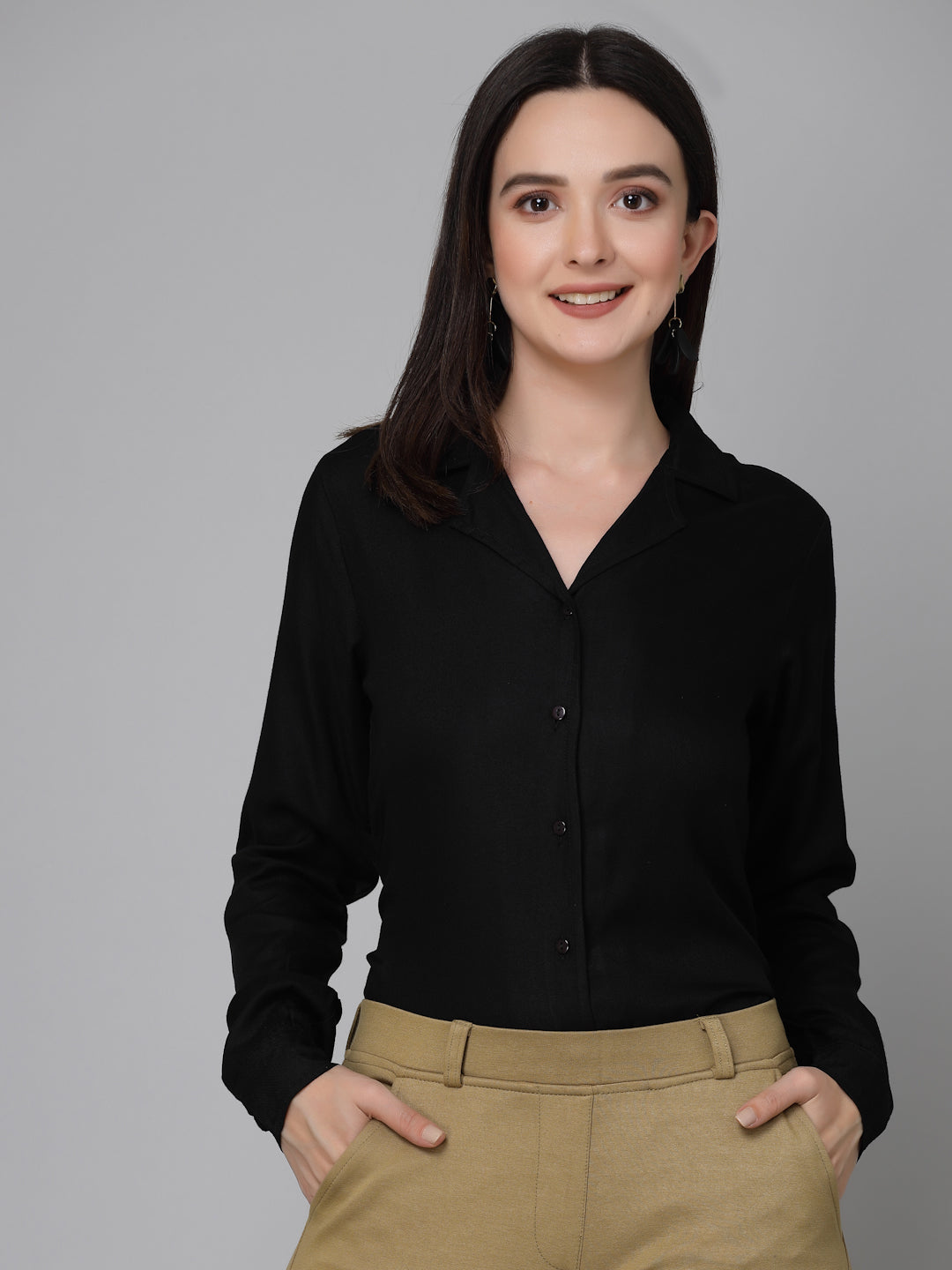 Style Quotient Women Solid Black Rayon Formal Shirt-Shirts-StyleQuotient