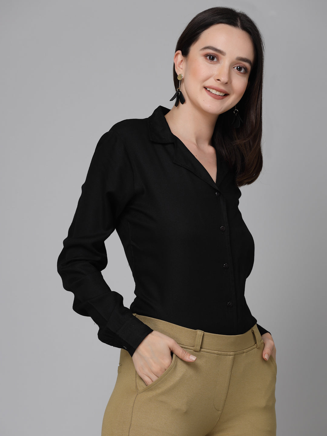 Style Quotient Women Solid Black Rayon Formal Shirt-Shirts-StyleQuotient