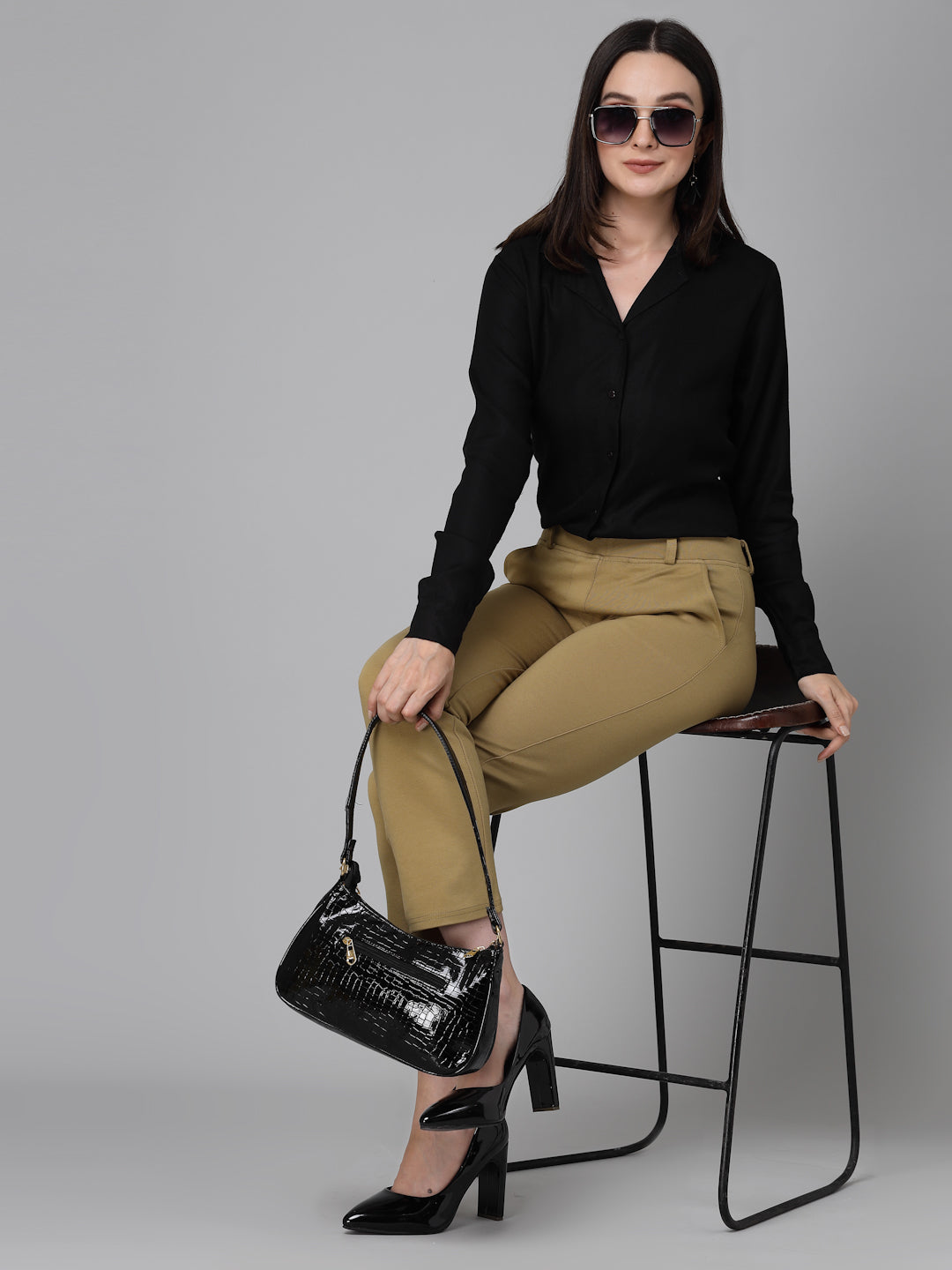Style Quotient Women Solid Black Rayon Formal Shirt-Shirts-StyleQuotient