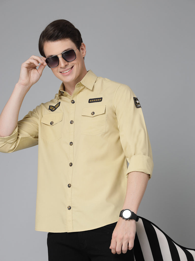 Style Quotient Men Khaki Military Patch Polycotton Regular Smart Casual Shirt-Mens Shirt-StyleQuotient