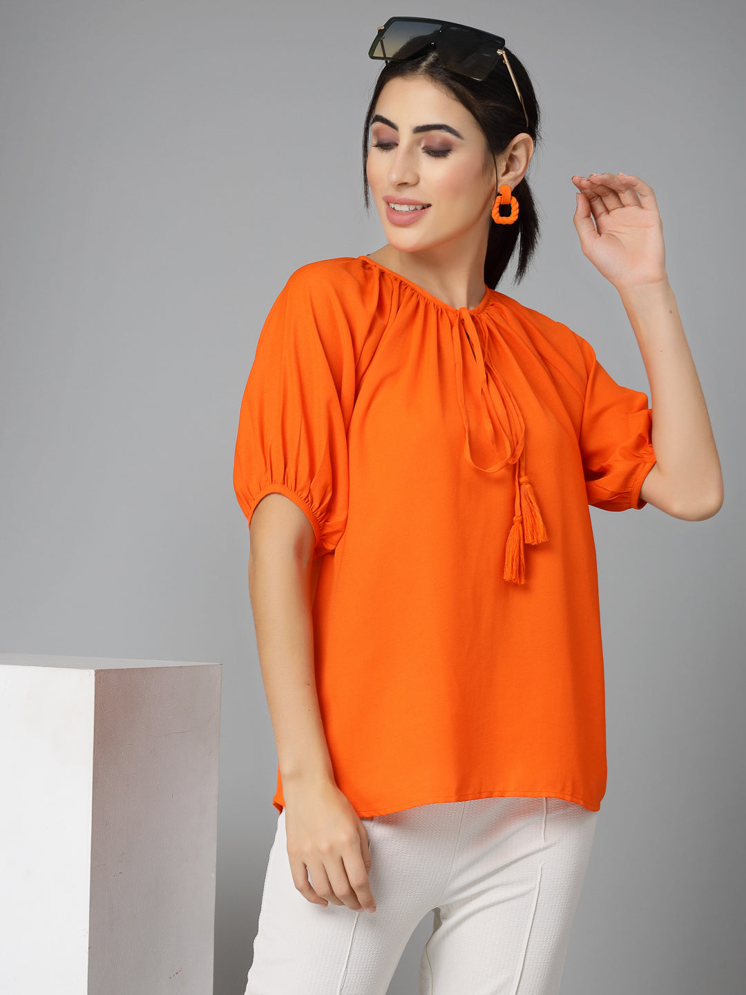 Style Quotients Women Orange Gathered Casual Top-Tops-StyleQuotient