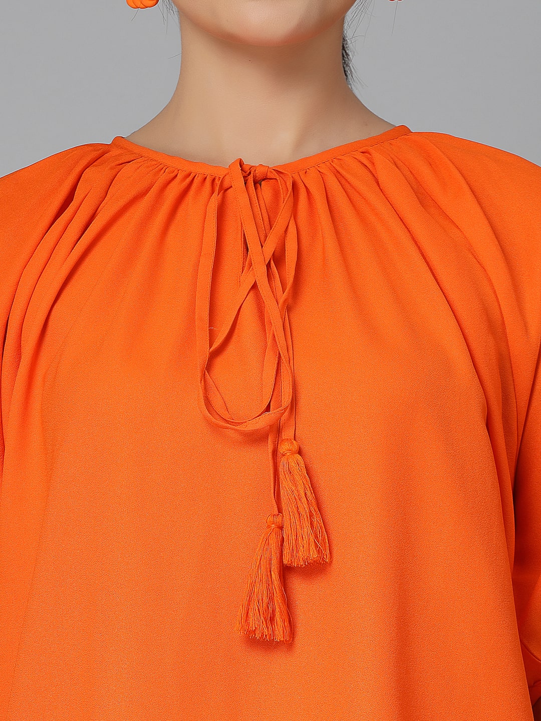 Style Quotients Women Orange Gathered Casual Top-Tops-StyleQuotient