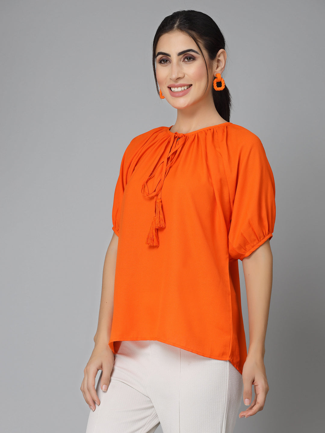 Style Quotients Women Orange Gathered Casual Top-Tops-StyleQuotient