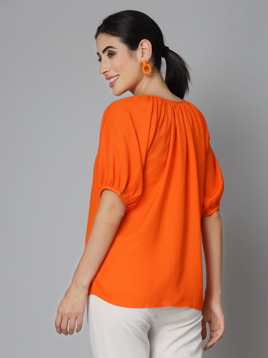 Style Quotients Women Orange Gathered Casual Top-Tops-StyleQuotient