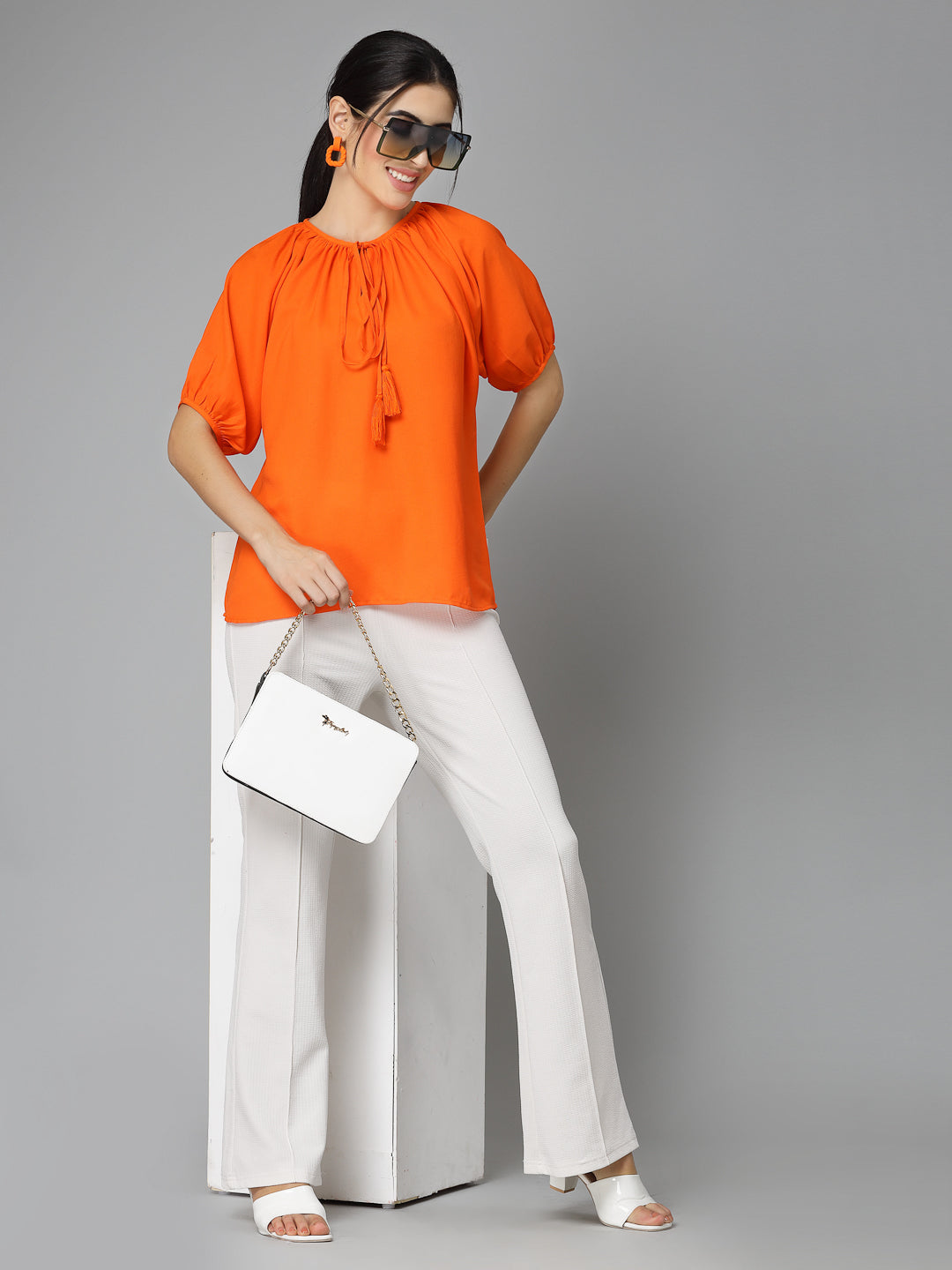 Style Quotients Women Orange Gathered Casual Top-Tops-StyleQuotient