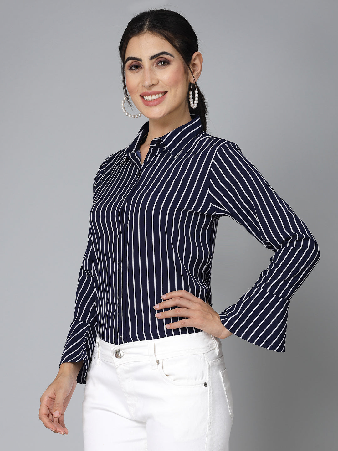Style Quotient Women Navy Blue and White Stripe Polycrepe Regular Formal Shirt-Shirts-StyleQuotient
