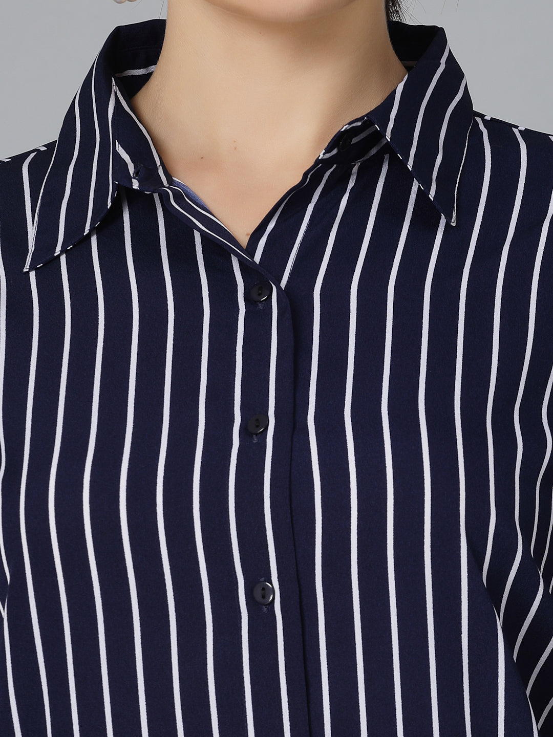 Style Quotient Women Navy Blue and White Stripe Polycrepe Regular Formal Shirt-Shirts-StyleQuotient