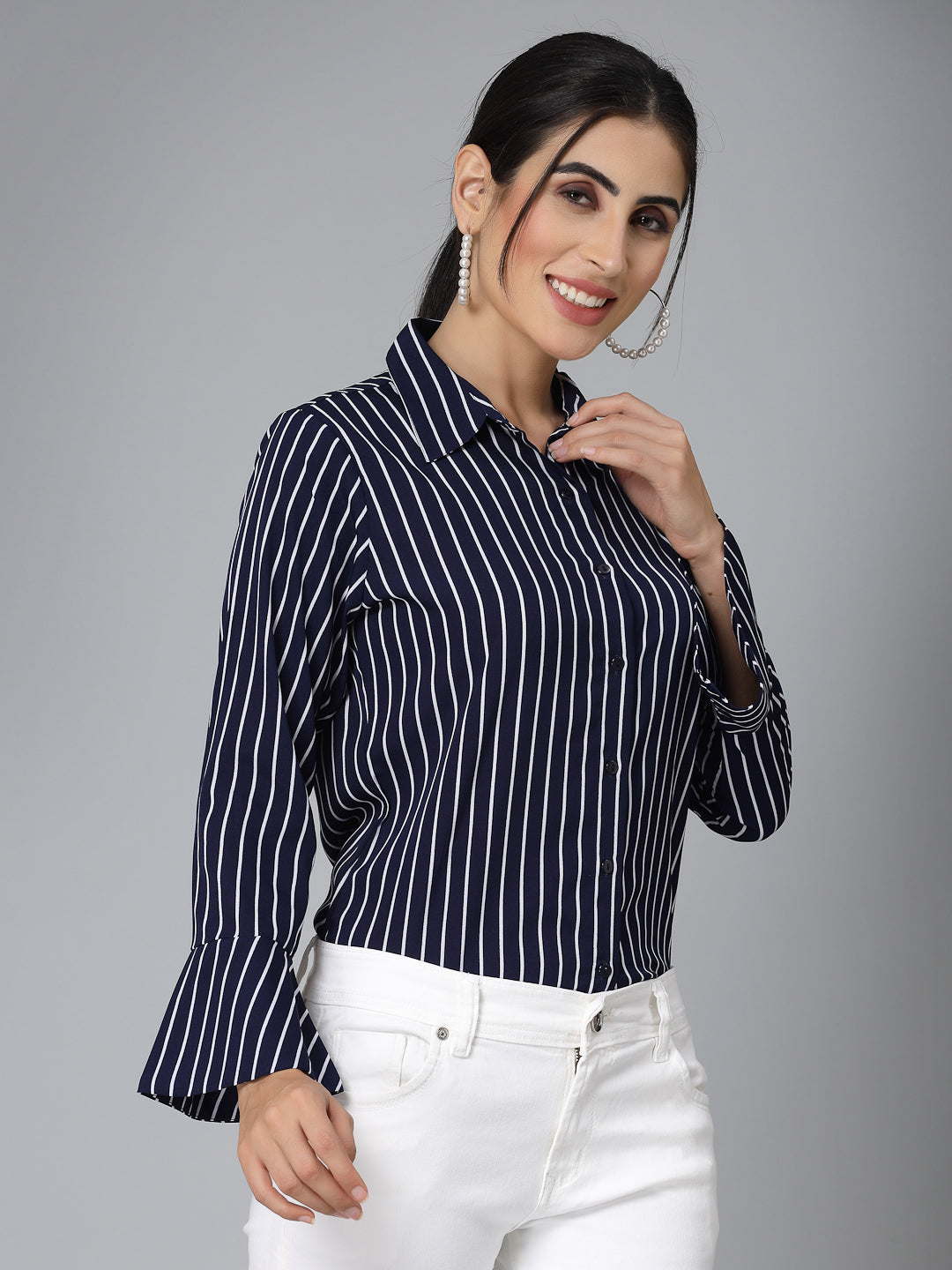 Style Quotient Women Navy Blue and White Stripe Polycrepe Regular Formal Shirt-Shirts-StyleQuotient
