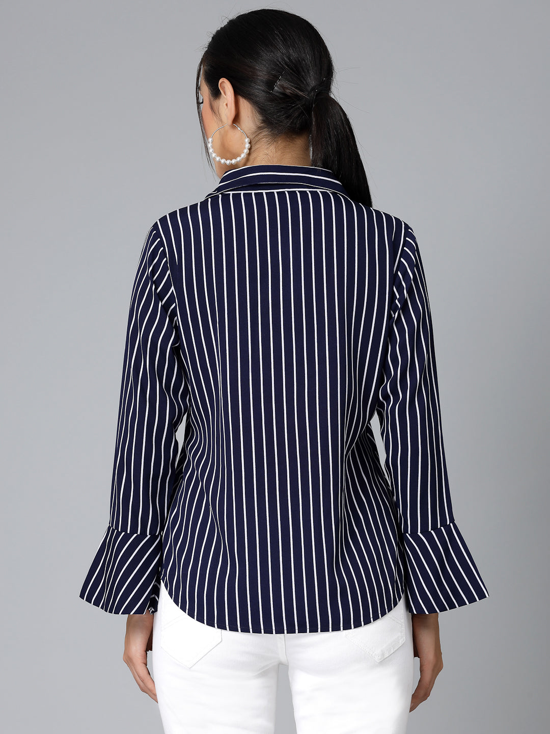 Style Quotient Women Navy Blue and White Stripe Polycrepe Regular Formal Shirt-Shirts-StyleQuotient