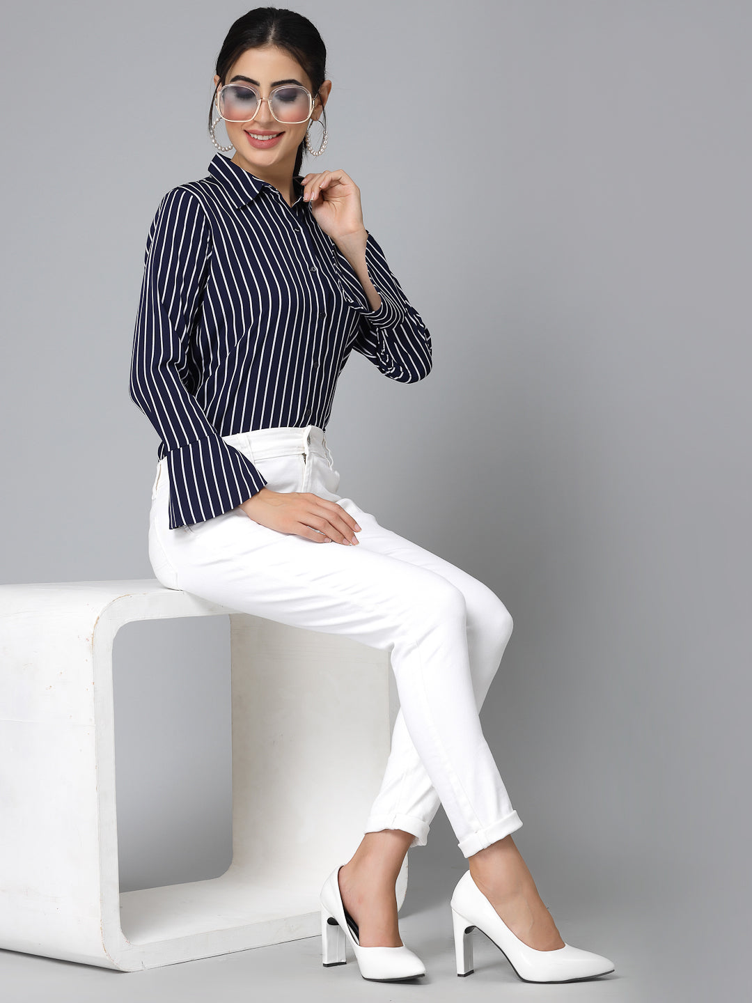 Style Quotient Women Navy Blue and White Stripe Polycrepe Regular Formal Shirt-Shirts-StyleQuotient