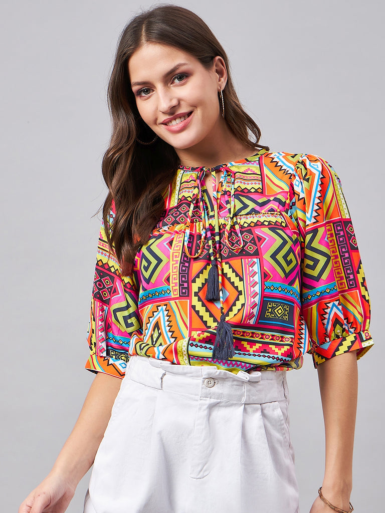 Style Quotient Women Abastract Printed Relaxed Smart Casual Top-Tops-StyleQuotient