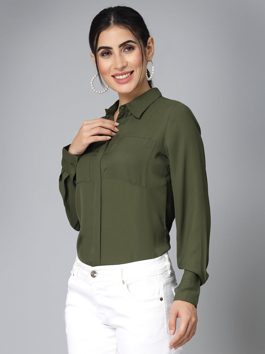 Style Quotient Women Solid Olive Polymoss Regular Formal Shirt-Shirts-StyleQuotient