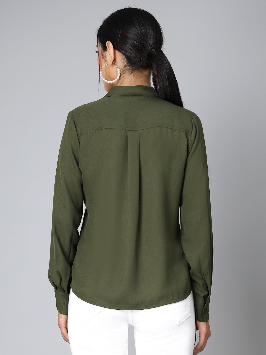 Style Quotient Women Solid Olive Polymoss Regular Formal Shirt-Shirts-StyleQuotient