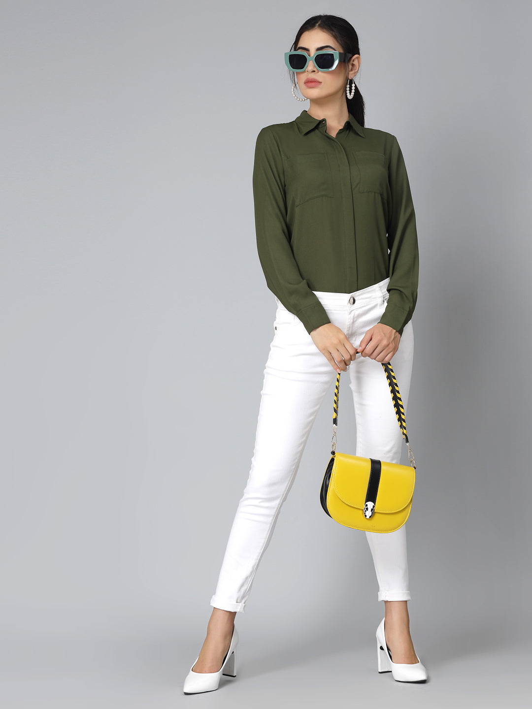 Style Quotient Women Solid Olive Polymoss Regular Formal Shirt-Shirts-StyleQuotient