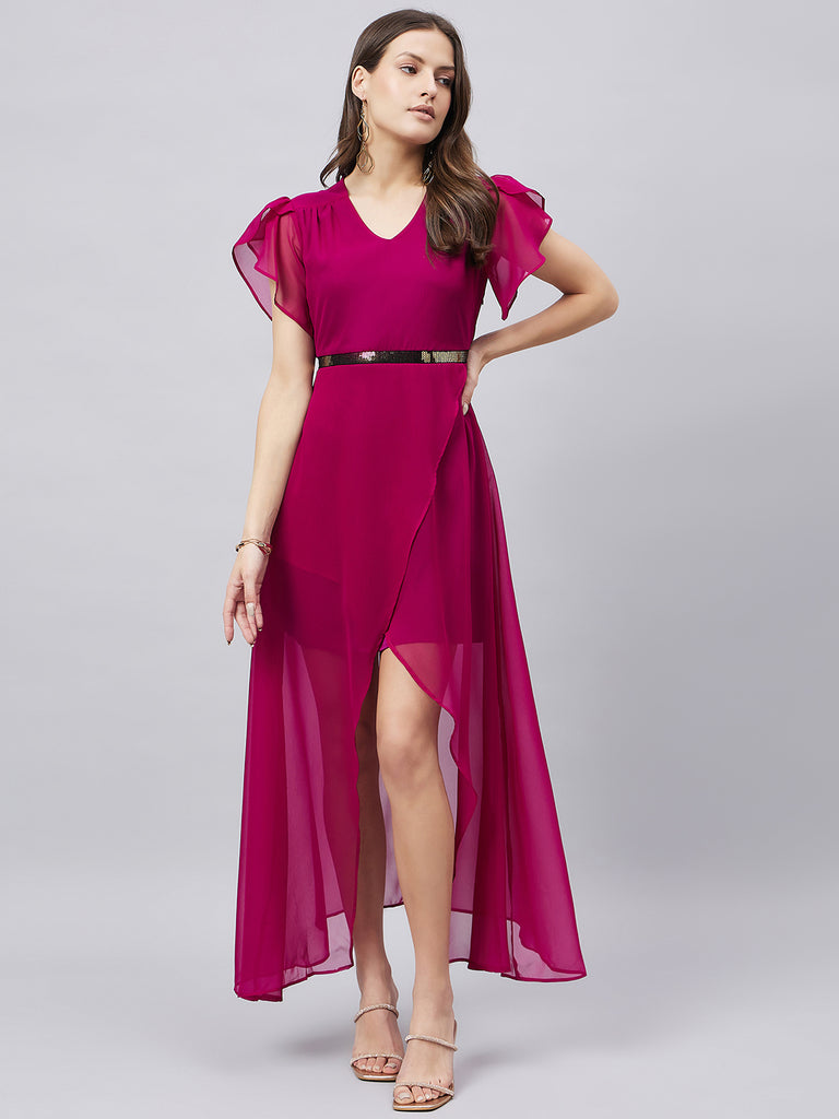 Style Quotient Women Wine Coloured Georgette Evening Maxi Dress-Dresses-StyleQuotient