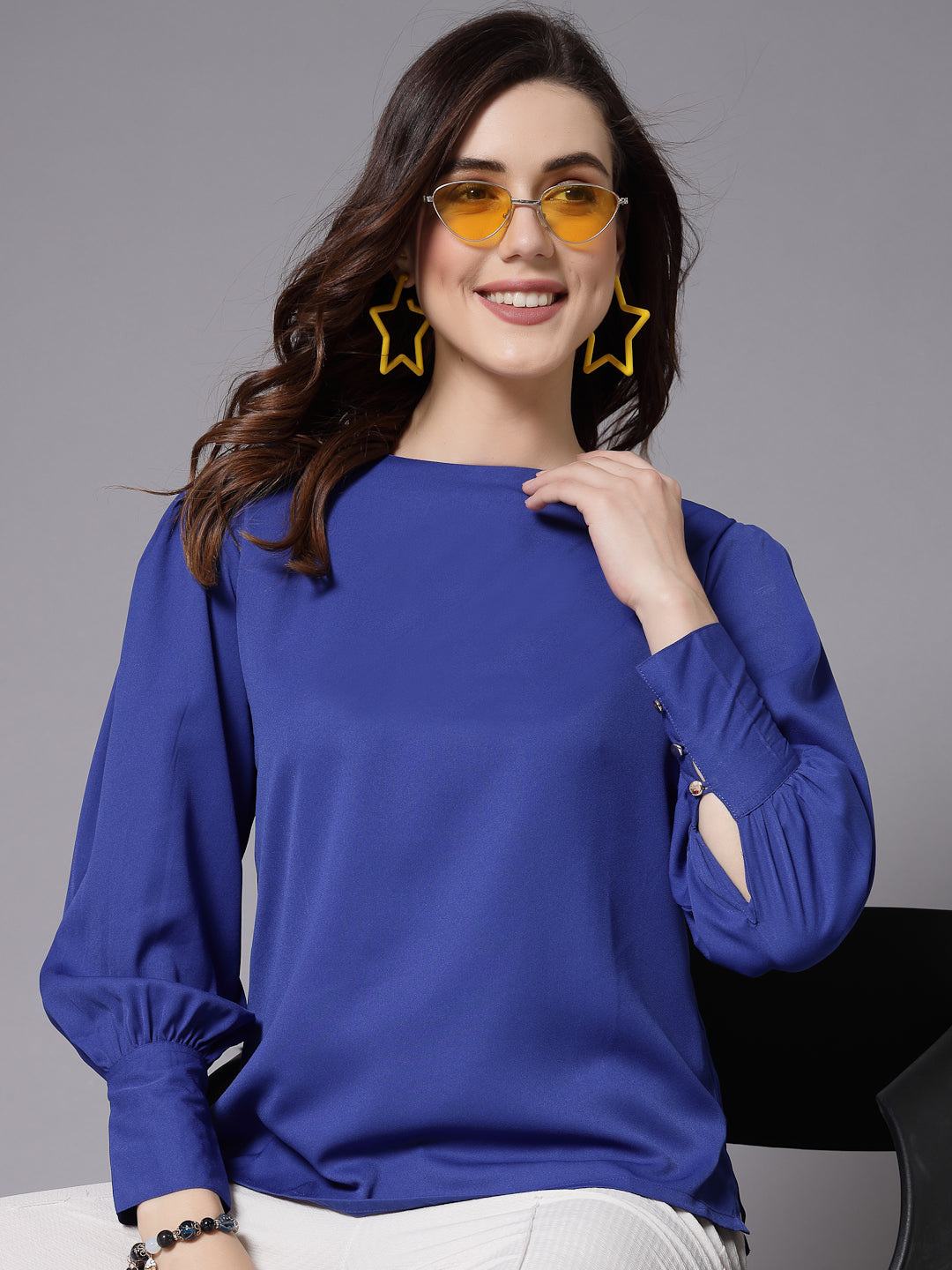 Style Quotient Women blue solid top-Tops-StyleQuotient
