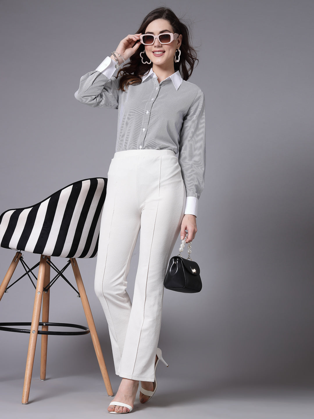 Style Quotient Women Striper and White Polyester Formal Shirt-Shirts-StyleQuotient