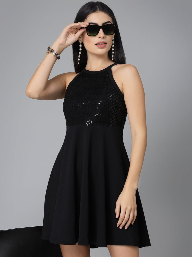 Style Quotient Women Black Embellished Poly Knit Fit And Flare Dress-Dresses-StyleQuotient