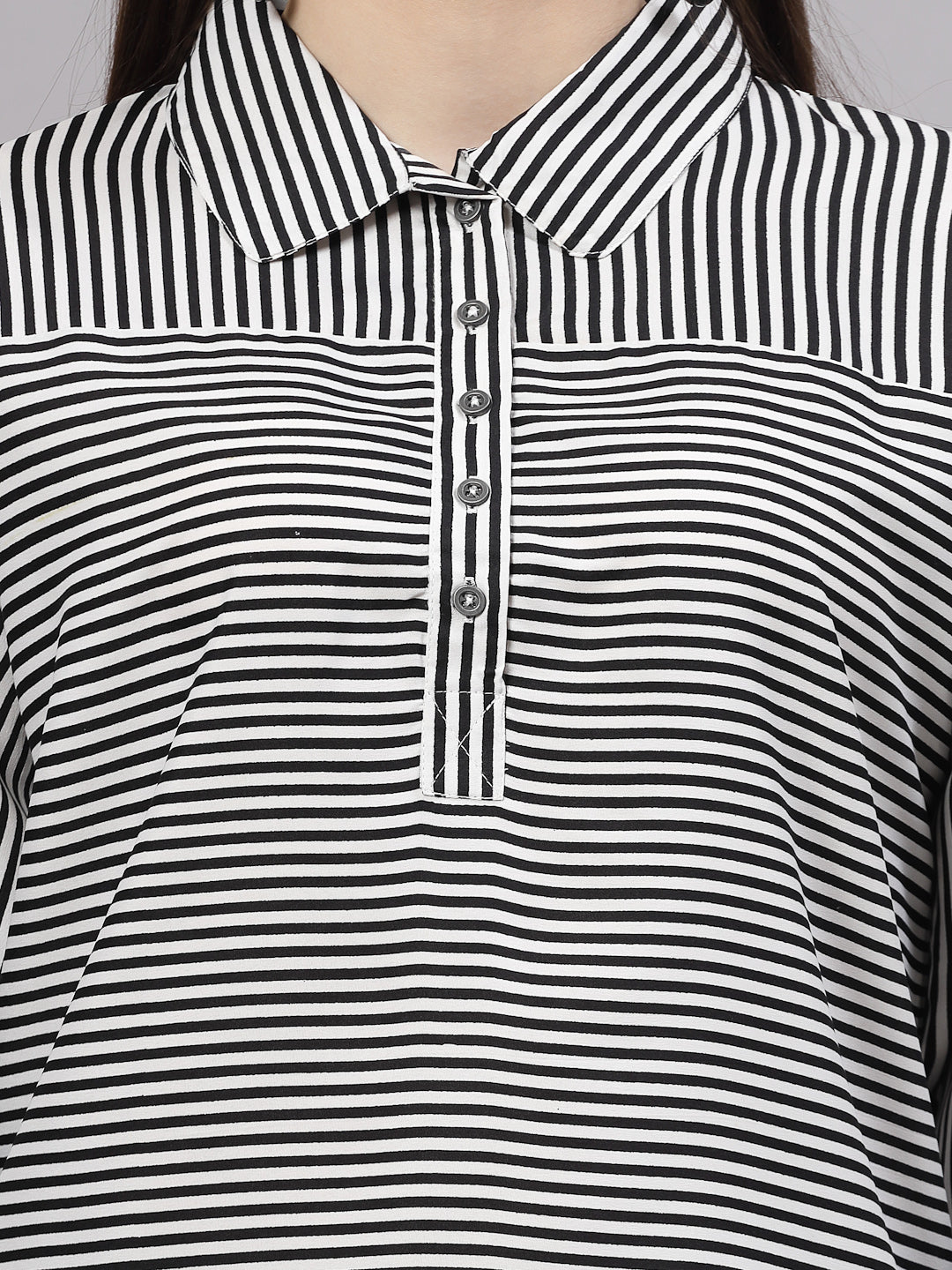 Style Quotient Women Black White Stripe Polyester Smart Casual Top-Tops-StyleQuotient