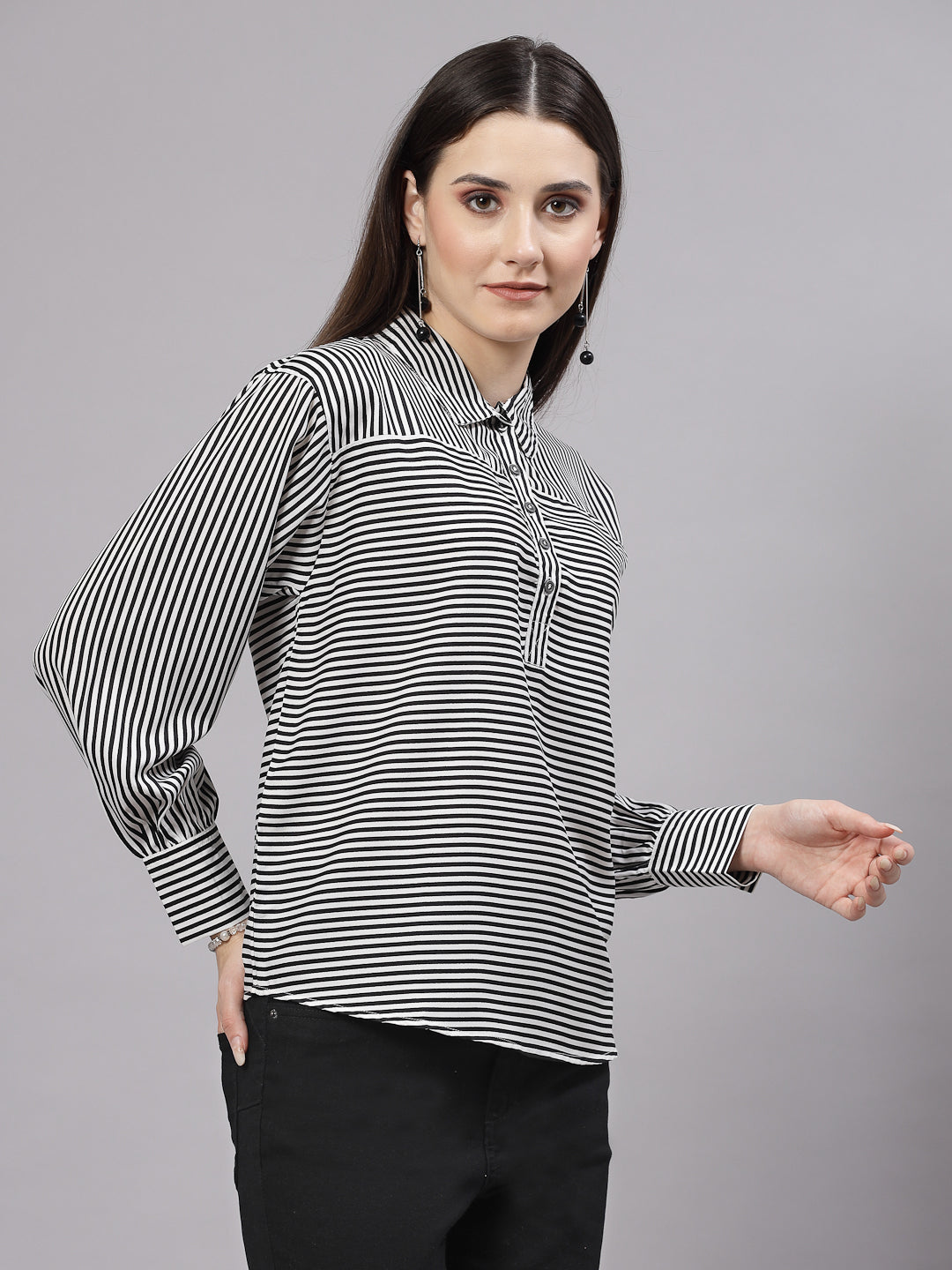 Style Quotient Women Black White Stripe Polyester Smart Casual Top-Tops-StyleQuotient