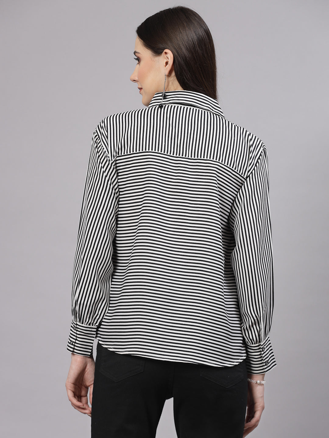 Style Quotient Women Black White Stripe Polyester Smart Casual Top-Tops-StyleQuotient