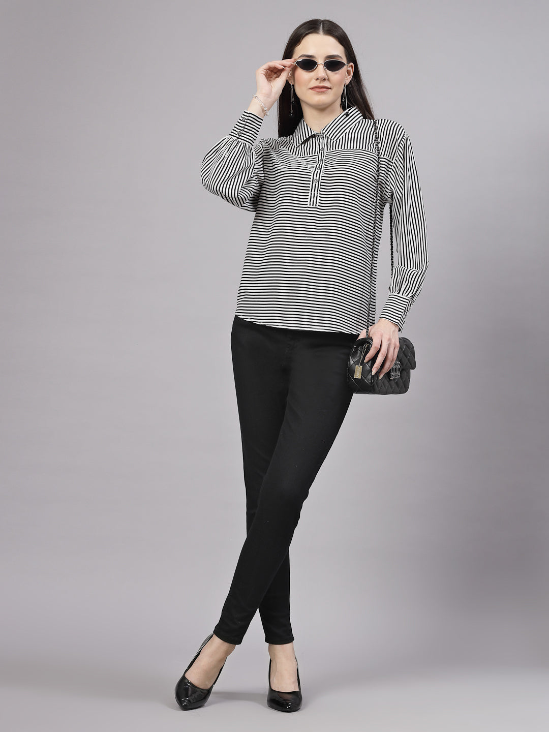 Style Quotient Women Black White Stripe Polyester Smart Casual Top-Tops-StyleQuotient