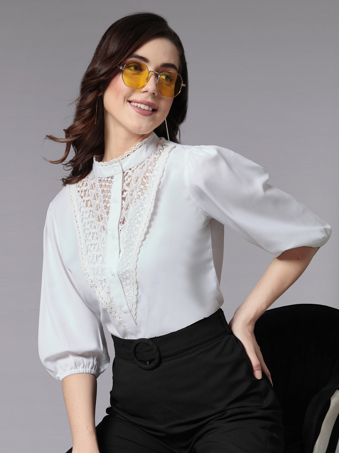Style Quotient Women Solid White Polymoss Smart Casual Shirt-Tops-StyleQuotient