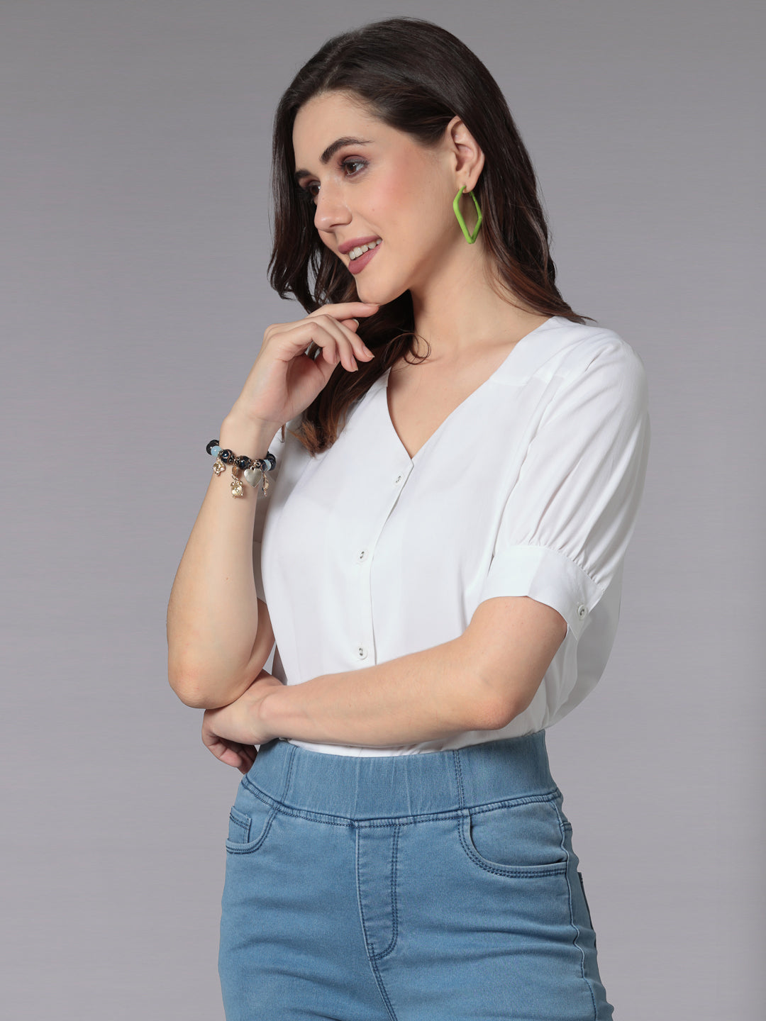 Style Quotient Women Solid White Polyester Smart Casual Shirt-Shirts-StyleQuotient
