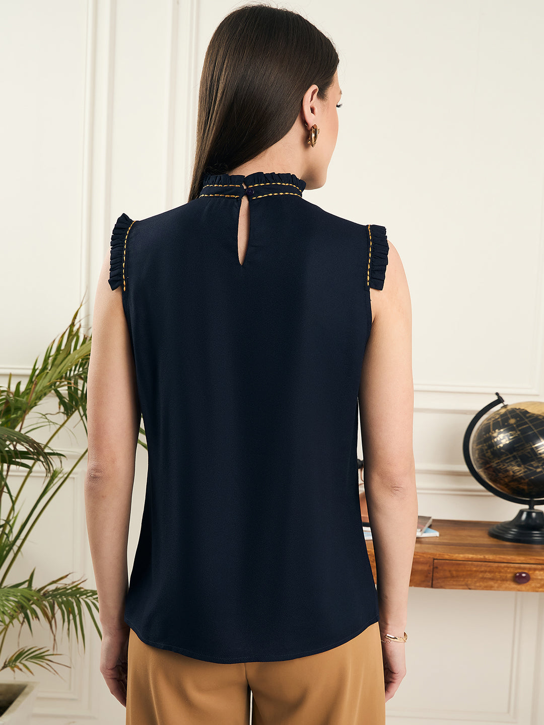 Style Quotient Women Navy Sleeveless Embroidered Top-Tops-StyleQuotient