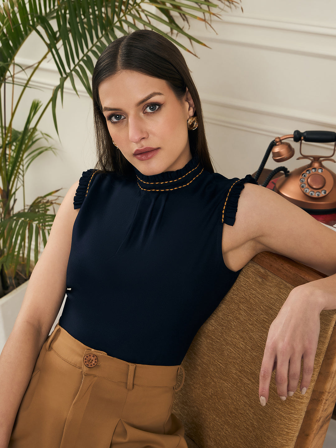 Style Quotient Women Navy Sleeveless Embroidered Top-Tops-StyleQuotient