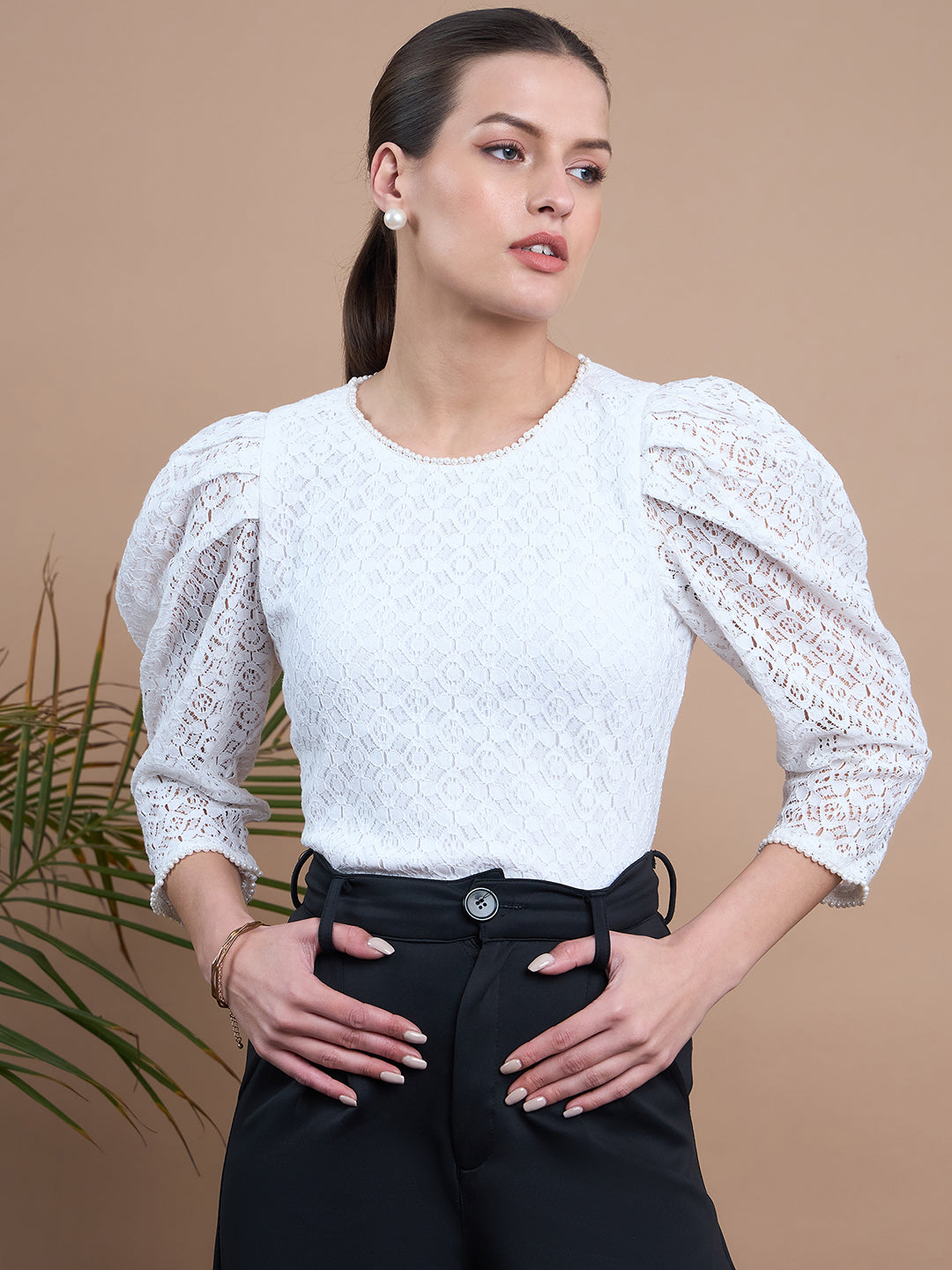 Noi Women White With Full Sleeves Lace Top-Tops-StyleQuotient