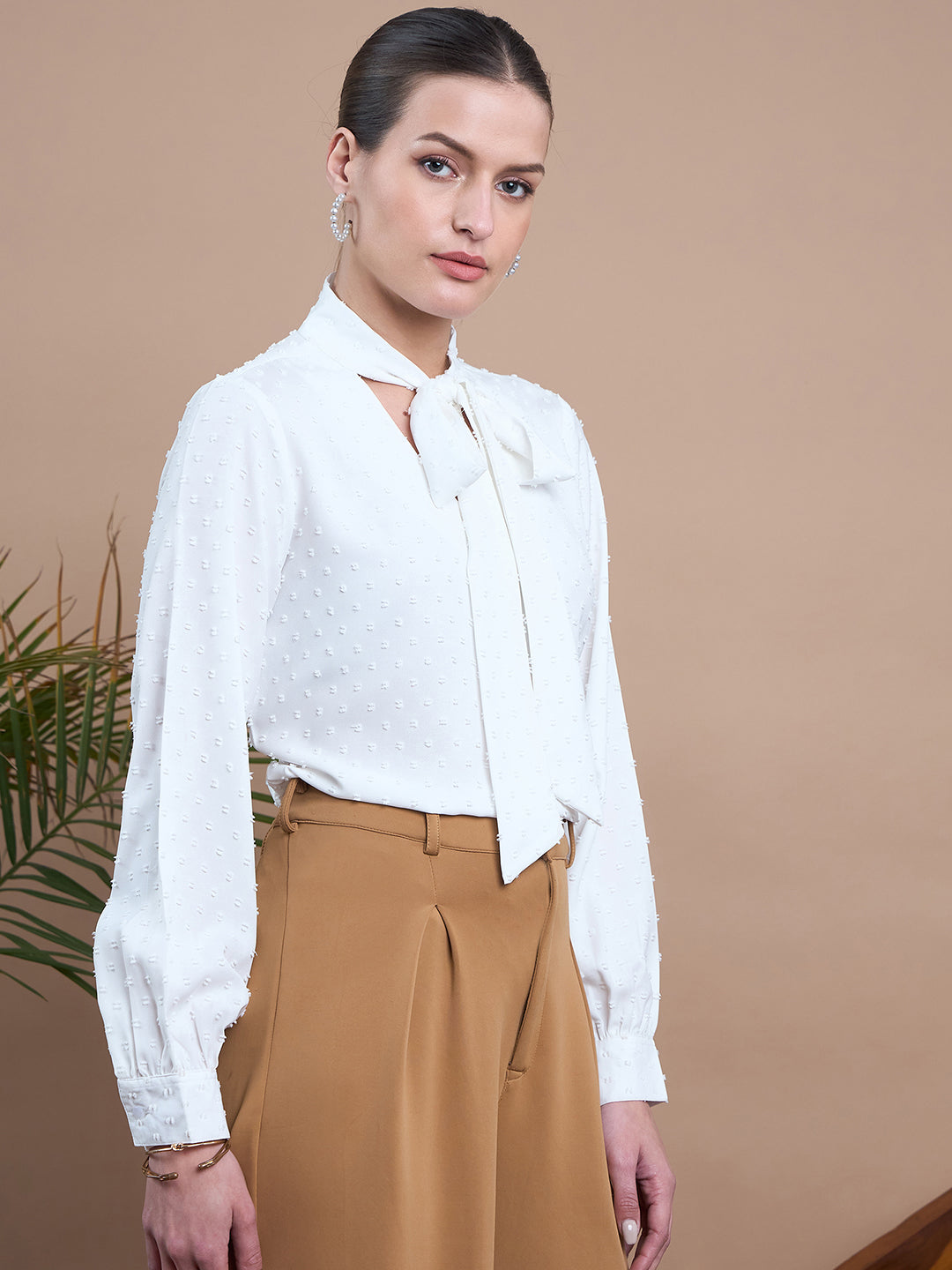 Noi Women White With Neck Tie-Up Top-Tops-StyleQuotient