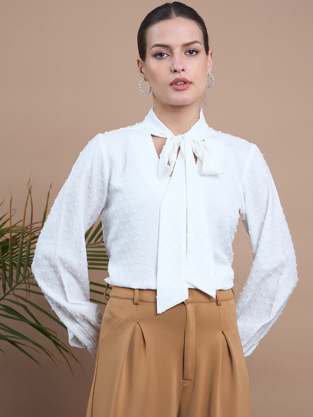 Noi Women White With Neck Tie-Up Top-Tops-StyleQuotient