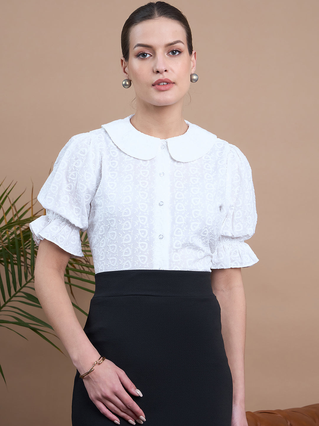 Noi Women White Schiffli Puff Sleeve Formal Shirt-Shirts-StyleQuotient