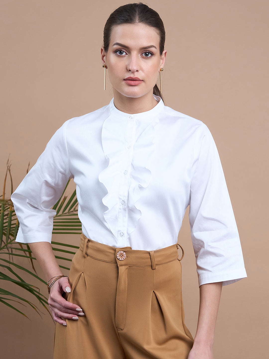 Noi Women White Solid Satin With Ruffles Formal Shirt-Shirts-StyleQuotient