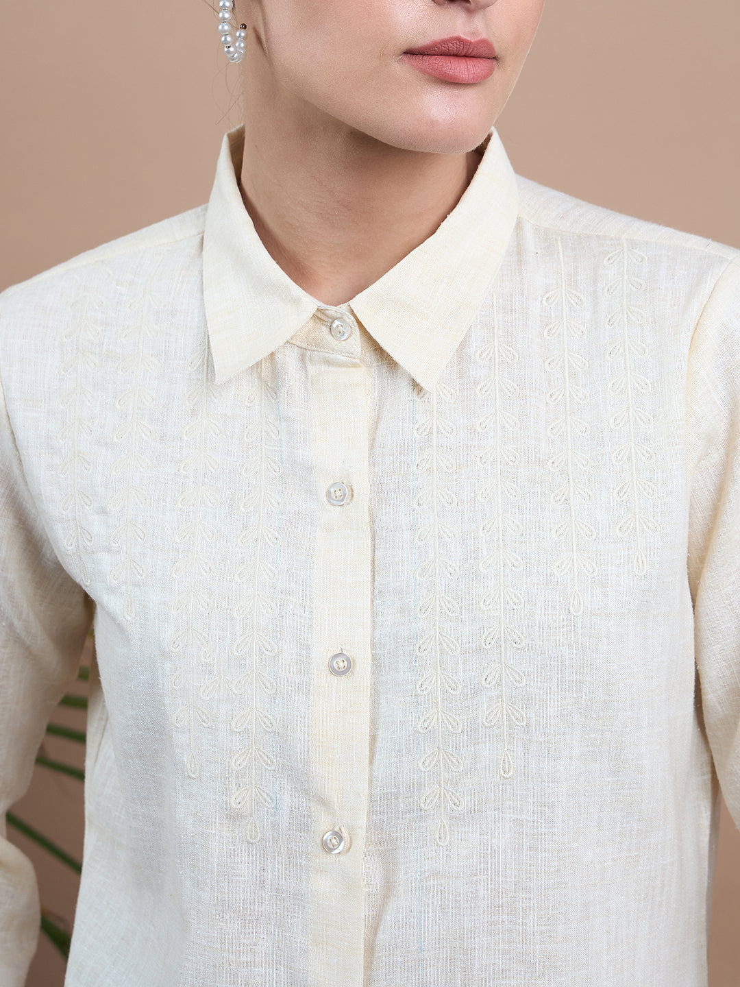 Noi Women Cream Solid Embroidered With Full Sleeves Formal Shirt-Shirts-StyleQuotient