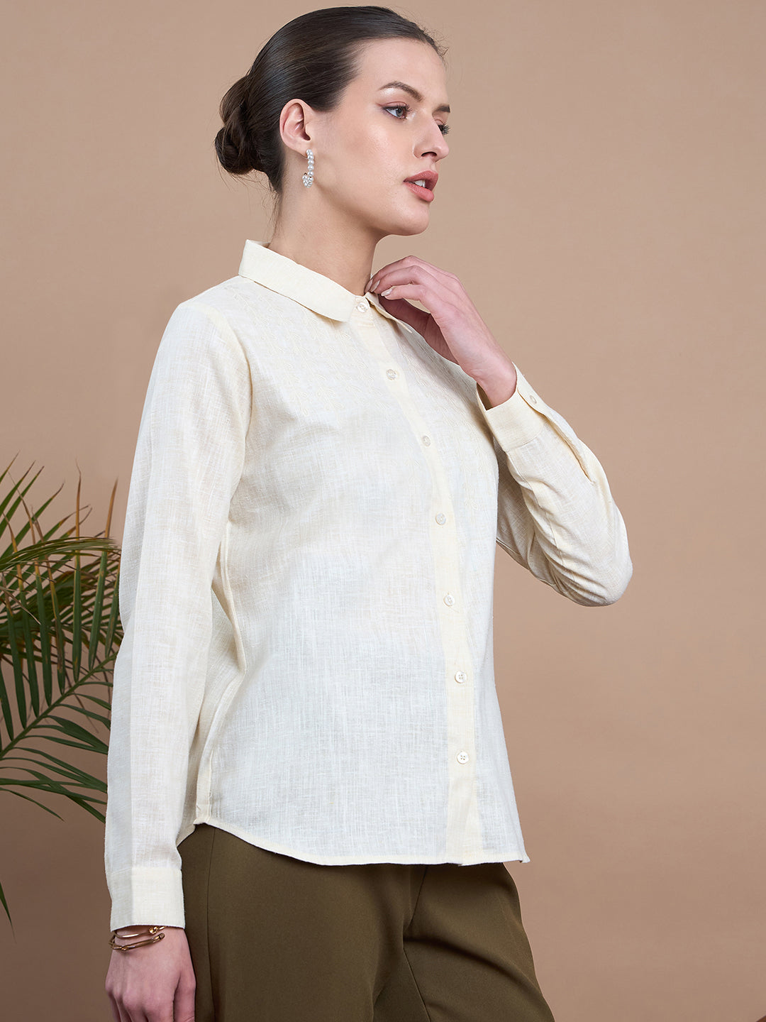 Noi Women Cream Solid Embroidered With Full Sleeves Formal Shirt-Shirts-StyleQuotient