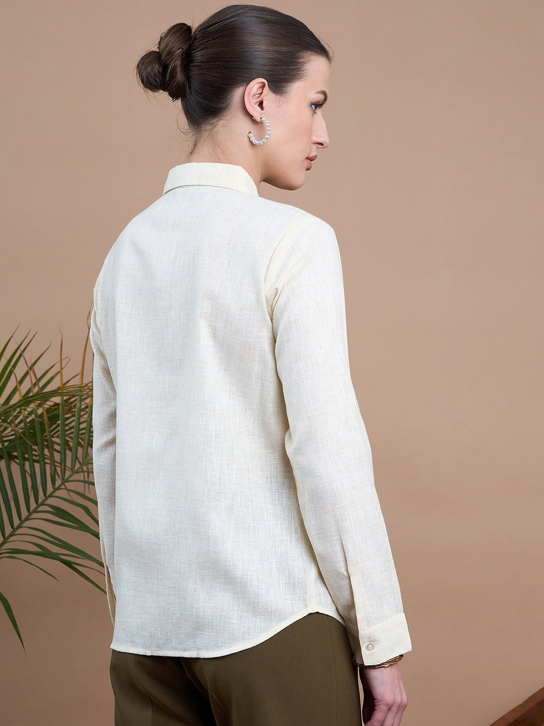 Noi Women Cream Solid Embroidered With Full Sleeves Formal Shirt-Shirts-StyleQuotient