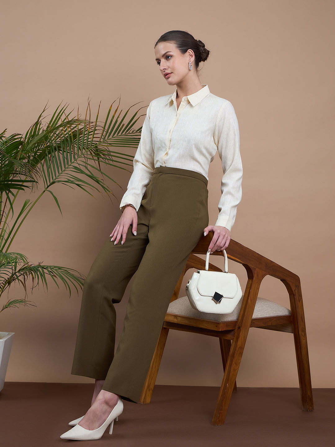 Noi Women Cream Solid Embroidered With Full Sleeves Formal Shirt-Shirts-StyleQuotient