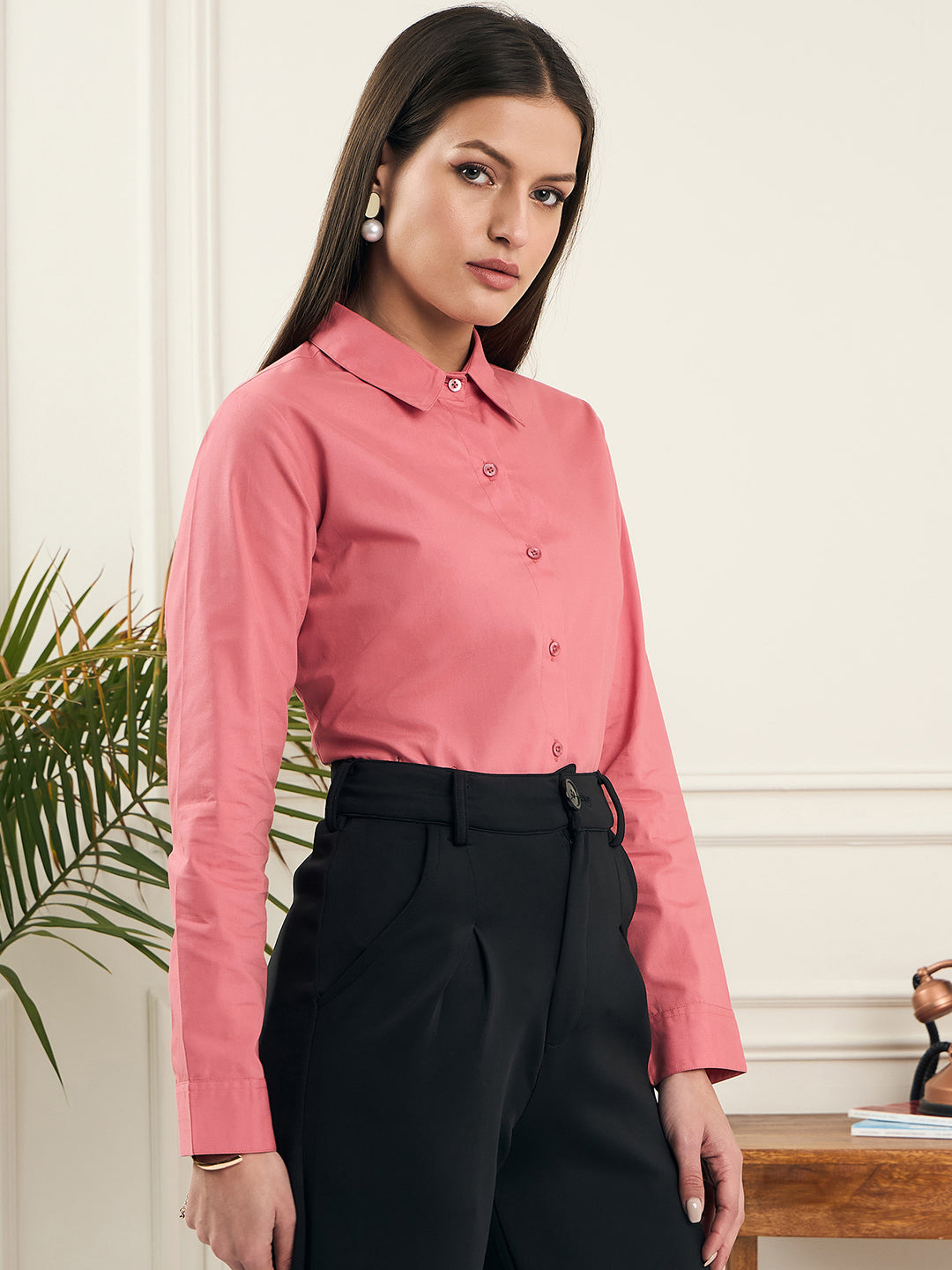 Noi Women Peach Solid Cotton With Full Sleeves Formal Shirt-Shirts-StyleQuotient