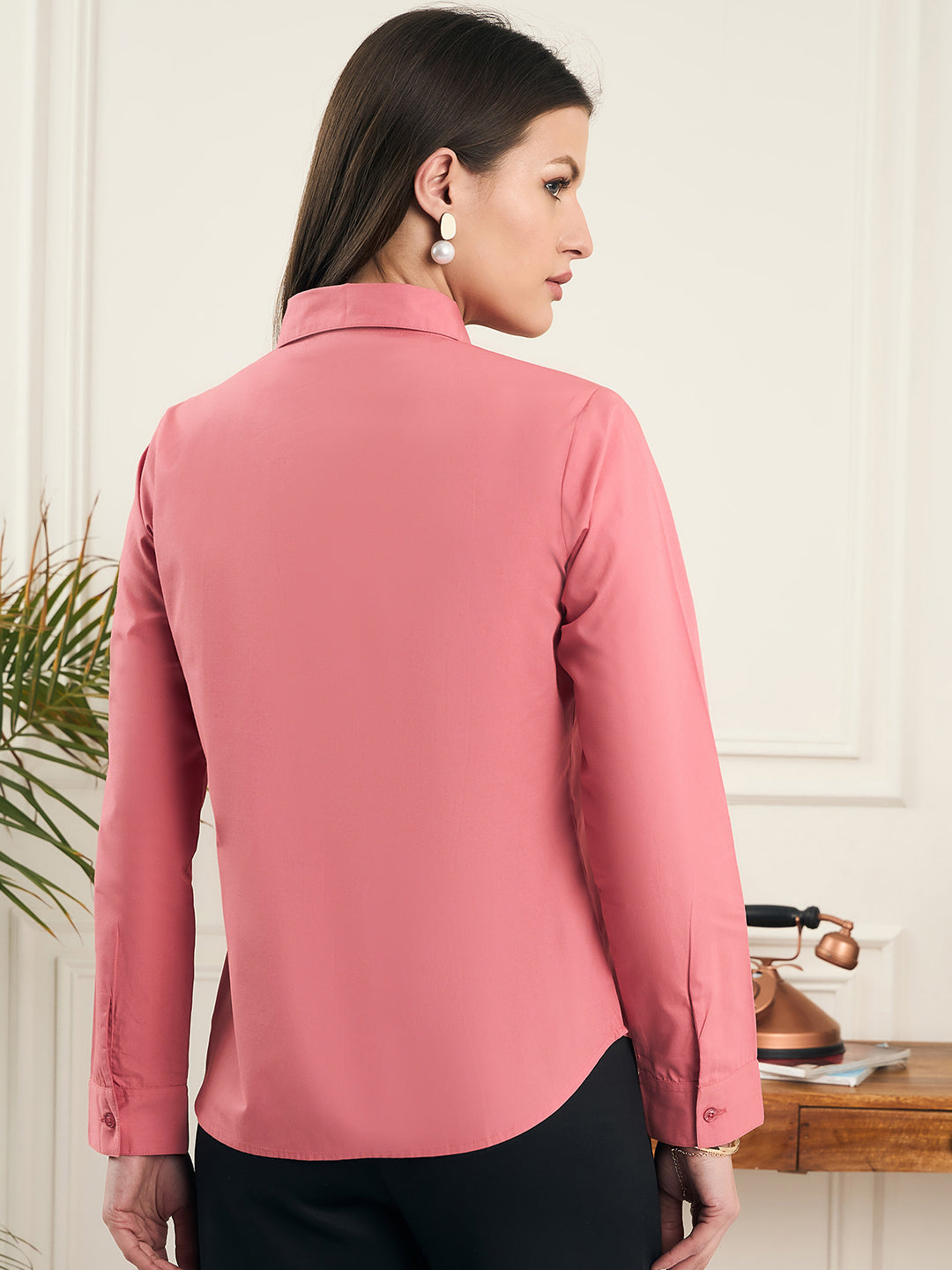 Noi Women Peach Solid Cotton With Full Sleeves Formal Shirt-Shirts-StyleQuotient