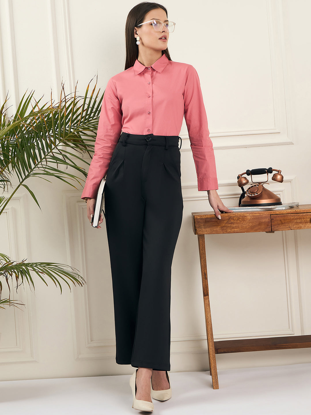 Noi Women Peach Solid Cotton With Full Sleeves Formal Shirt-Shirts-StyleQuotient