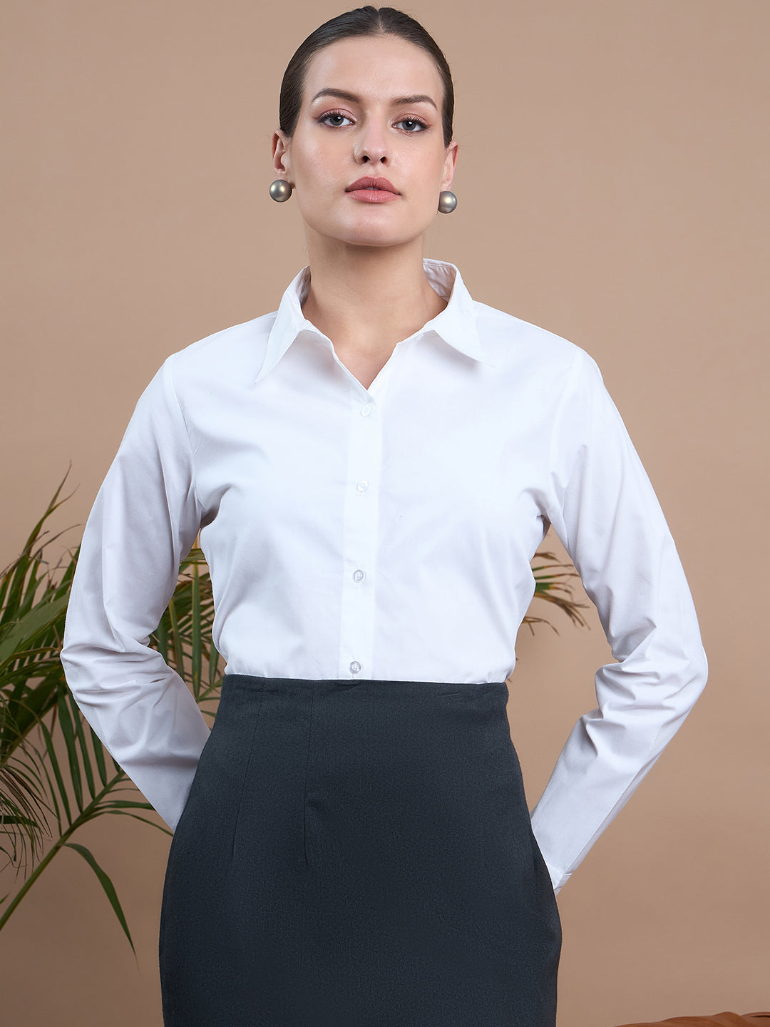 Noi Women White Solid Cotton With Full Sleeves Formal Shirt-Shirts-StyleQuotient