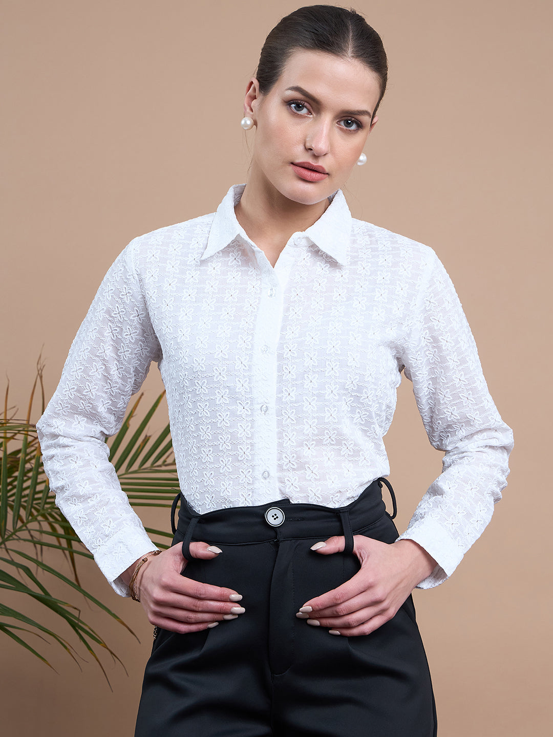 Noi Women White Schiffli With Full Sleeves Formal Shirt-Shirts-StyleQuotient