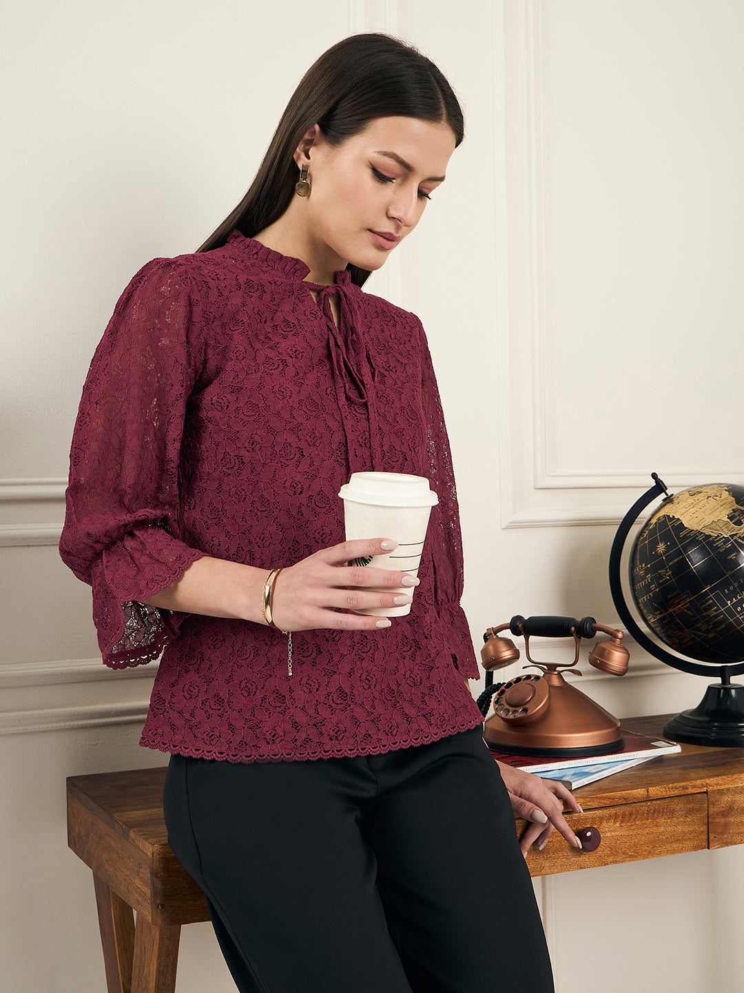 Noi Women Wine With Three-Quarter Sleeves Lace Top-Tops-StyleQuotient