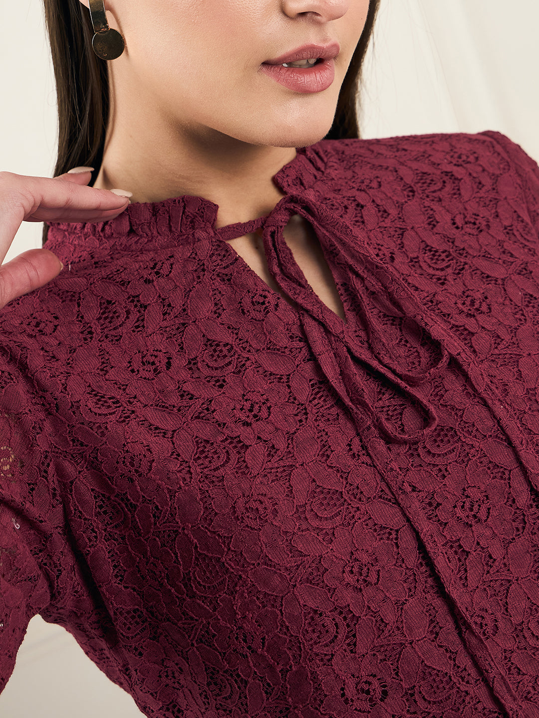 Noi Women Wine With Three-Quarter Sleeves Lace Top-Tops-StyleQuotient