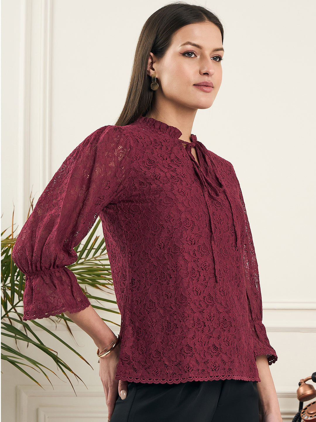 Noi Women Wine With Three-Quarter Sleeves Lace Top-Tops-StyleQuotient